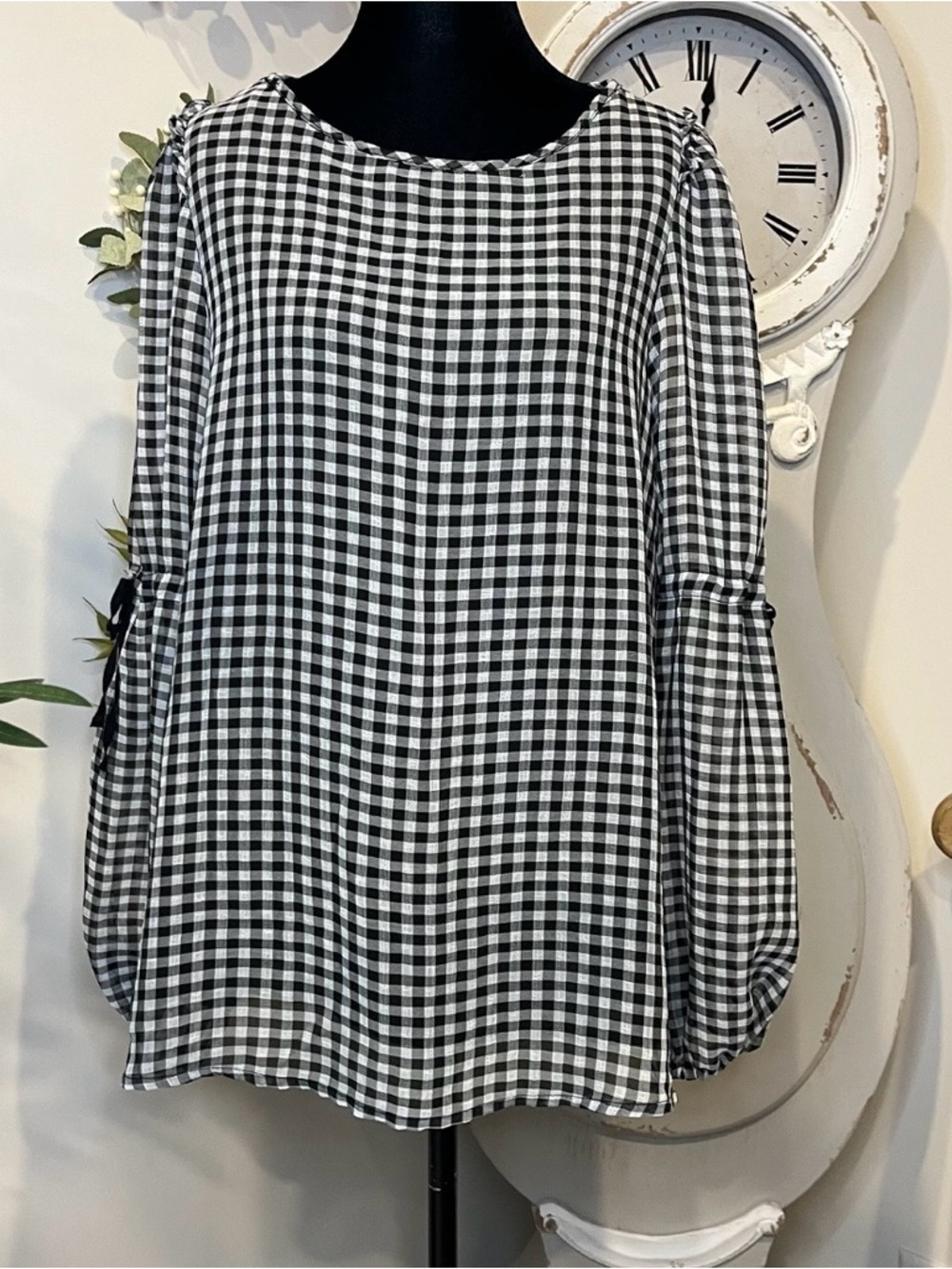 Max Studio Gingham Check Peasant Blouse, Black & White Medium